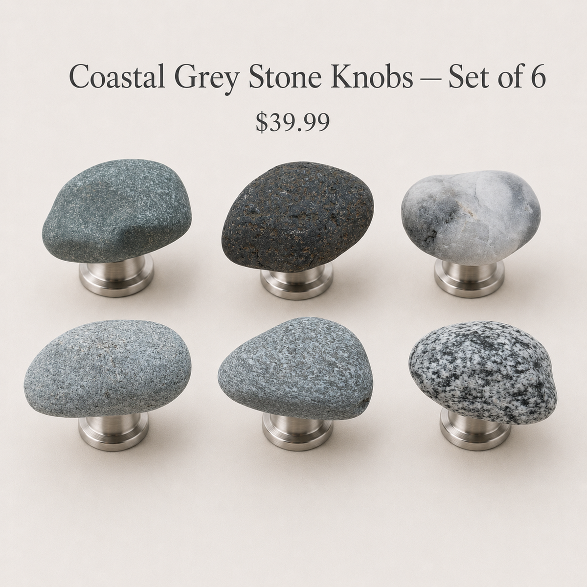 Coastal Grey Stone Knobs — Set of 6